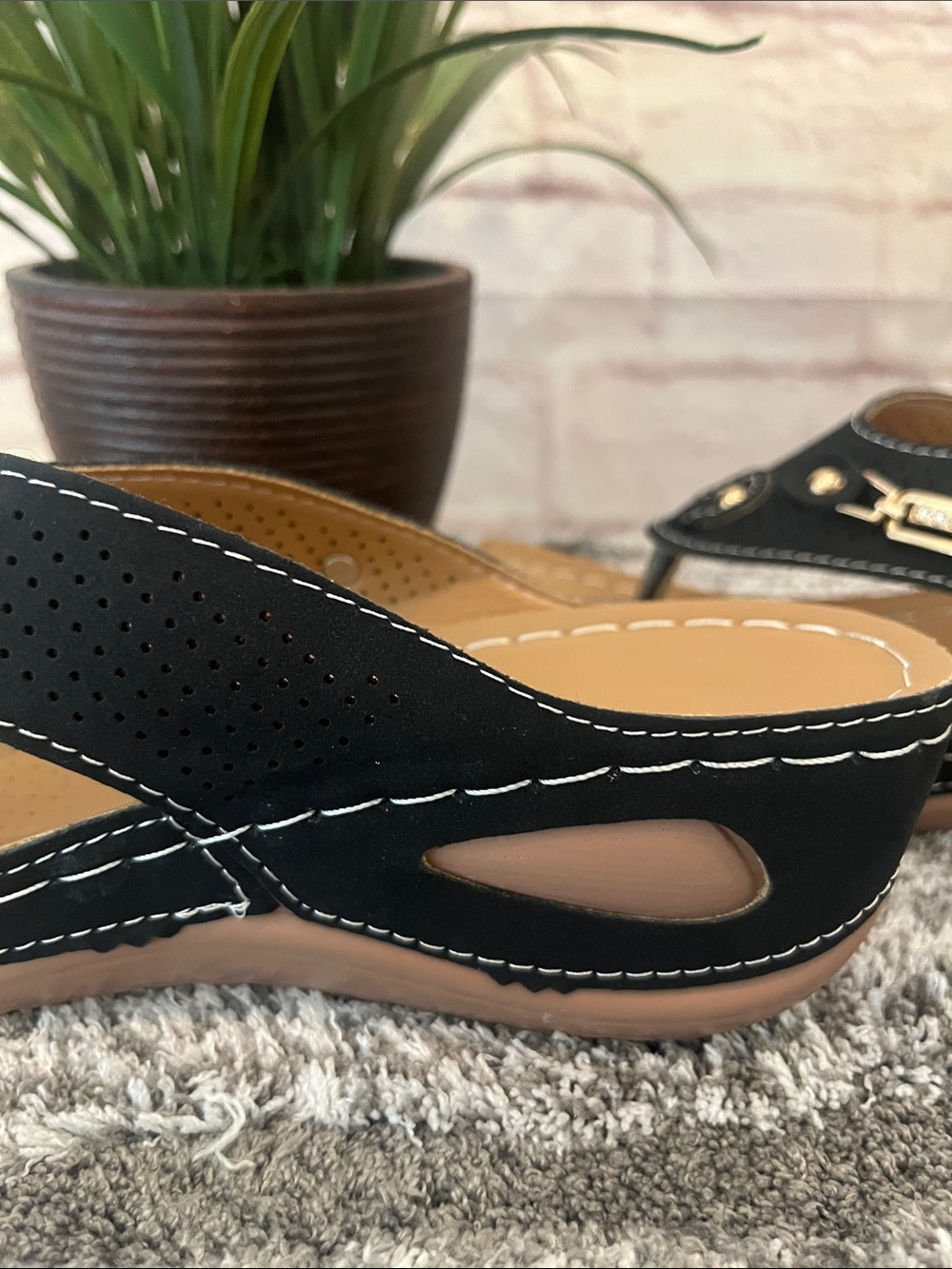Black and Tan Embellished Thong Sandals - Picture 9 of 10